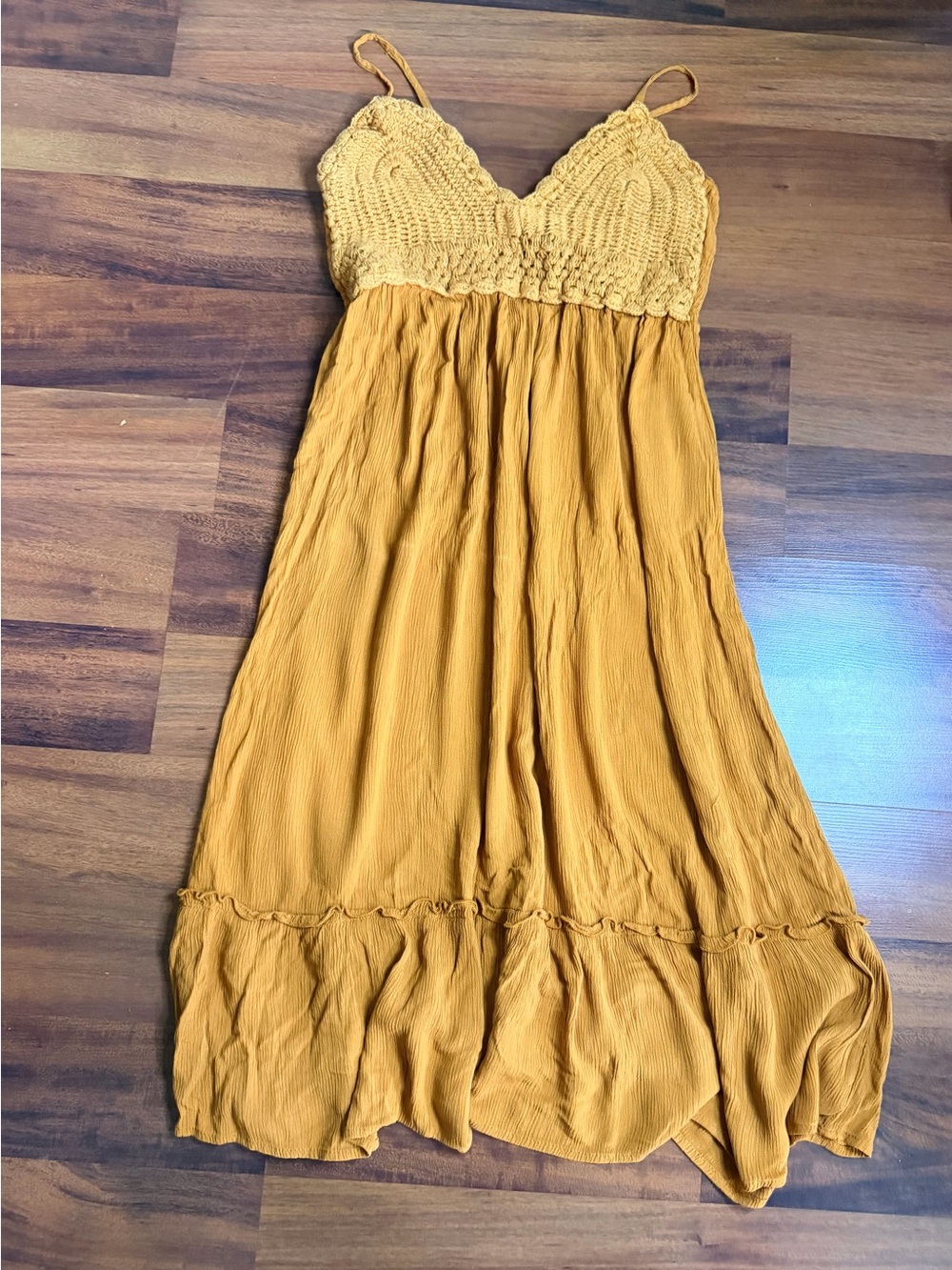 Hint of Blush Mustard Yellow Floral Crochet Top Babydoll Dress Size medium Boho